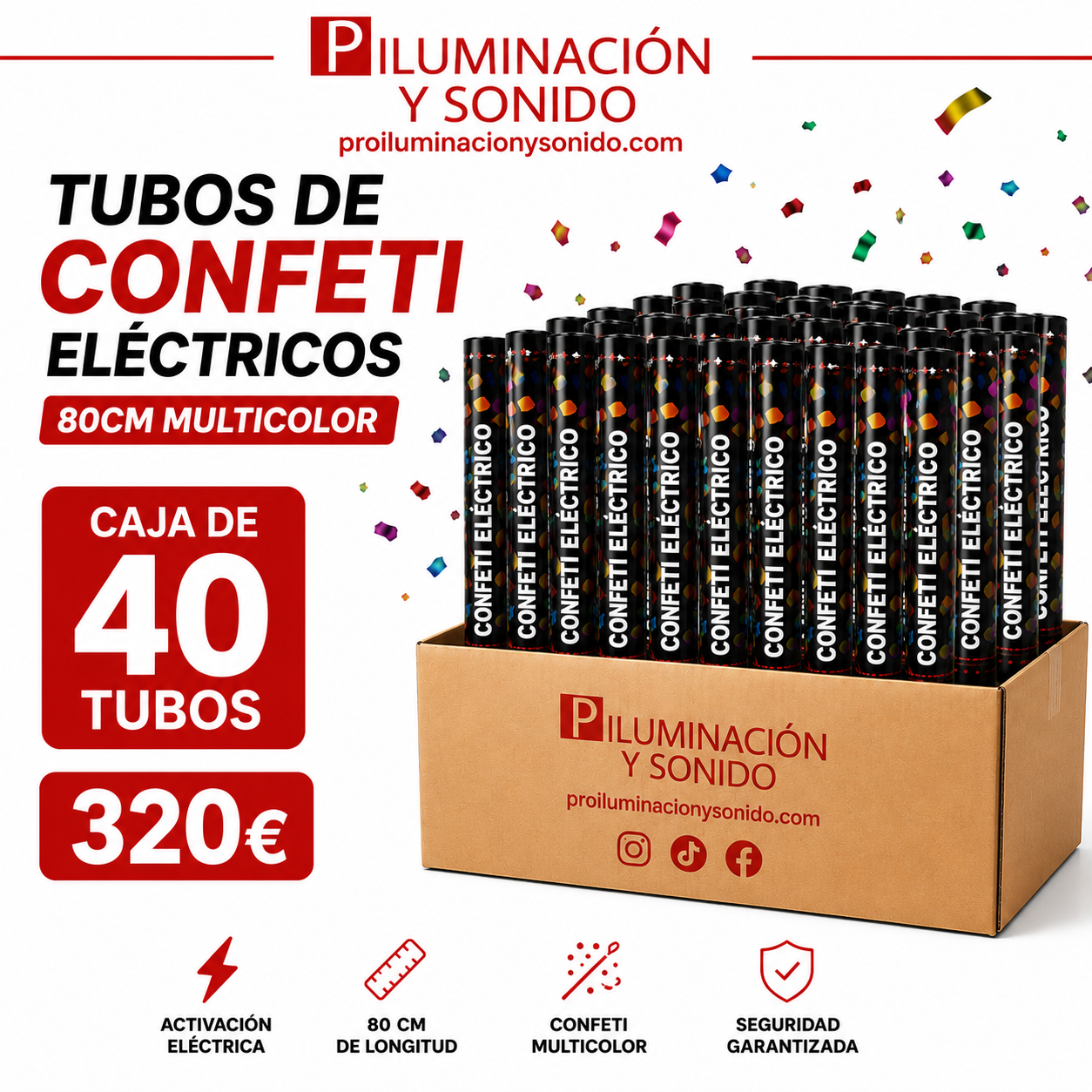 Caja 40 Tubos de Confeti Electrico 80cm (Multicolor)