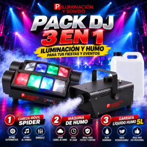 Pack DJ 3 en 1 con Cabeza Móvil Spider RGB 40W, Máquina de Humo 400W y Líquido 5L